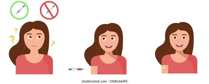 Vaccination process of a young woman. Girl thinks, chooses and decides to get vaccinated. Syringe and immunization. Girl with a band-aid on her arm. Vector illustration. Different emotions
