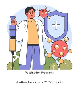 Vaccination program. Confident healthcare worker with a syringe, representing the power of immunization against diseases. A commitment to public health and safety. Flat vector illustration.