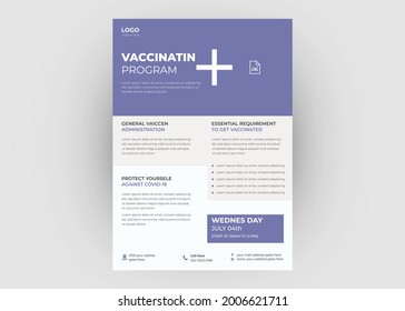 Vaccination program flyer template. Covid vaccination poster leaflet design. Virus vaccination program flyer template.