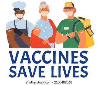 Vaccination promo, immunization of workers. Vaccine saves lives. Stop coronavirus agitation concept. People wearing protective mask showing their arm with bandage after receiving covid-19 vaccine