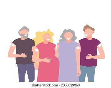 Vaccination protect COVID-19. Various people after vaccination concept Vaccine injection in arm, shoulder. Set of multiracial character after receiving vaccine