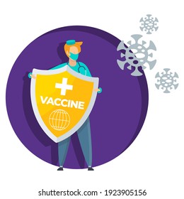 Vaccination Protect people from the coronavirus pandemic. Doctor with huge shield. Global immunization.