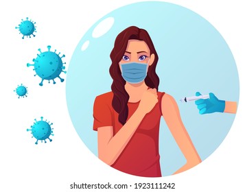 Vaccination For Protection Against Virus Illustration. Covid Prevention With Vaccine, Shield Bubble, And Coronavirus