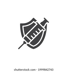 Vaccination protection shield vector icon. filled flat sign for mobile concept and web design. Shield and syringe injection glyph icon. Symbol, logo illustration. Vector graphics