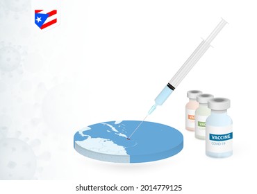 Impfung in Puerto Rico mit verschiedenen Arten von COVID-19-Impfstoffen. С mit der Impfung in der Karte von Puerto Rico beginnen. Vektorgrafik.