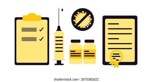 Vaccination. Quality certificate for the vaccine. Checklist for two doses in vials and syringe. Modern flat medical poster for clinic in dark purple and yellow color. Vector.