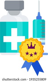 Vaccination quality icon. Syringe and dose of vaccine. Laurel wreath, award for the best product. Protect people from the coronavirus pandemic. Global immunization.