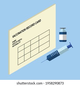 Vaccination Record Card, Health Passport, Syringe and Vaccine Bottle on Blue Background, Coronavirus Immunization, Flat Design