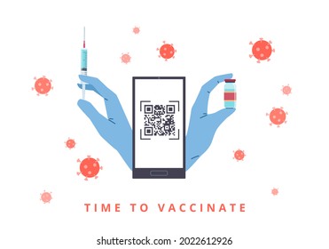 Vaccination, registration of a QR code. Hands in medical gloves with syringe and smartphone, virus protection, immune system, coronavirus prevention, Covid-19 vaccine vector concept