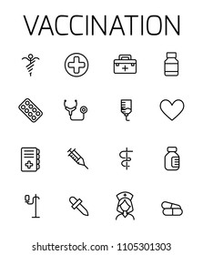 Vaccination related vector icon set. Well-crafted sign in thin line style with editable stroke. Vector symbols isolated on a white background. Simple pictograms.