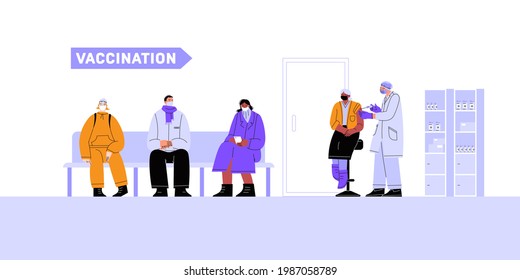 Vaccination room. The doctor vaccinating the old woman. People sitting in line waiting for their turn.