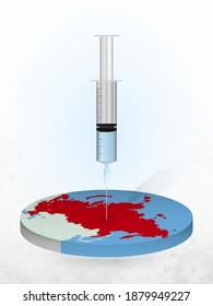 Vaccination of Russia, injection of a syringe into a map of Russia. Vector illustration of a syringe with vaccine and map.