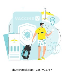 Vaccination for safety travel and access abroad scene. Vector illustration of man traveler with suitcase luggage and immunity passport on smartphone over huge vaccine health certificate