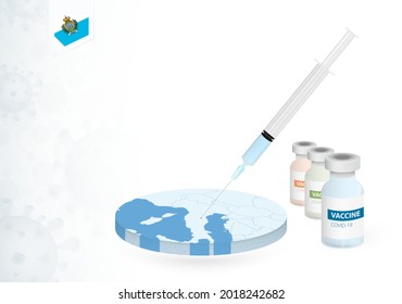 Vaccination in San Marino with different type of COVID-19 vaccine. Сoncept with the vaccine injection in the map of San Marino. Vector illustration.