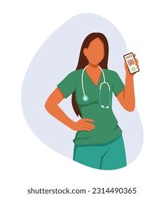 Vaccination save lives. Nurse in uniform holding mobile phone and show digital certificate. Health care concept stop, virus and flu. Vector flat illustration in green and blue colors