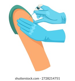 Escena de la vacunación que muestra las manos enguantadas que inyectan la jeringuilla en el brazo, estilo gráfico plano, aislado en el fondo blanco. Concepto de inmunización. Ilustración vectorial