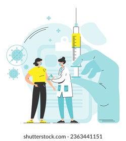 Vaccination scene vector illustration with doctor putting injection to woman patient and hand holding syringe. Protecting against flu infection, immunity and health care concept