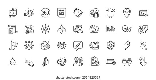 Vaccination schedule, Computer cables and Swipe up line icons pack. AI, Question and Answer, Map pin icons. Sun protection, Waterproof, Notebook service web icon. Vector