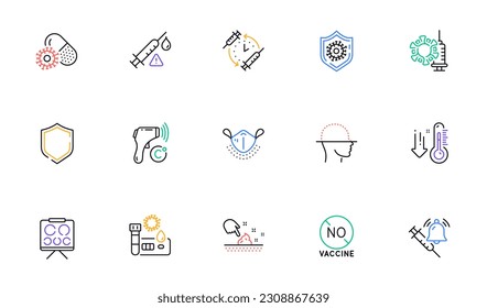 Vaccination schedule, Coronavirus protection and Shield line icons for website, printing. Collection of Skin moisture, Face scanning, Vision board icons. Covid test, Medical mask. Vector