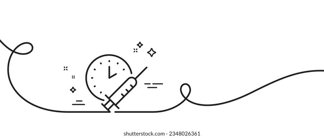 Vaccination schedule line icon. Continuous one line with curl. Vaccine syringe sign. Second injection time symbol. Vaccination schedule single outline ribbon. Loop curve pattern. Vector