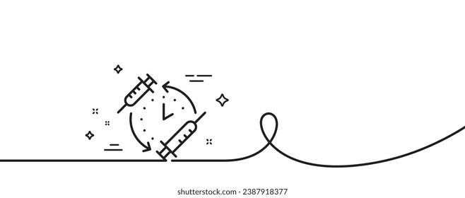 Vaccination schedule line icon. Continuous one line with curl. Vaccine syringe sign. Second injection time symbol. Vaccination schedule single outline ribbon. Loop curve pattern. Vector