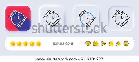Vaccination schedule line icon. Neumorphic, Flat shadow, 3d buttons. Vaccine syringe sign. Second injection time symbol. Line vaccination schedule icon. Social media icons. Vector
