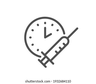 Vaccination schedule line icon. Vaccine syringe sign. Second injection time symbol. Quality design element. Linear style vaccination schedule icon. Editable stroke. Vector