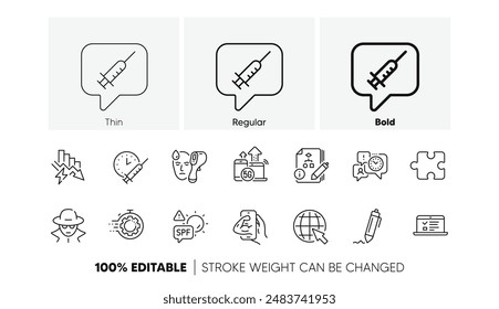 Vaccination schedule, Puzzle and Web lectures line icons. Pack of Spf protection, Seo timer, Electronic thermometer icon. 5g internet, Internet, Algorithm pictogram. Saving electricity. Vector