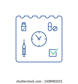 vaccination schedule or timely medication. blue outline logotype for apps, web. concept of health monitoring men and women, reminder to give an injection, take a pill find date to visit a doctor