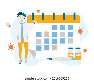 Impfplan Vektorkonzept. Der Arzt zeigt zwei markierte Impftage im Kalender. Vektorgrafik im flachen Cartoon-Stil.