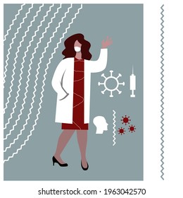 Vaccination scheme against covid 19 with pictograms. The doctor demonstrates the body's immune response. Flat vector image