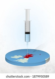 Vaccination of Scotland, injection of a syringe into a map of Scotland. Vector illustration of a syringe with vaccine and map.