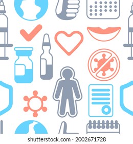 Vaccination seamless pattern with vaccine icons. Immunization items. Health care and protection from virus.