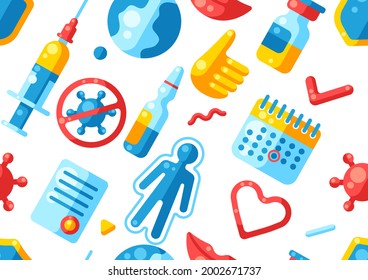 Vaccination seamless pattern with vaccine icons. Immunization items. Health care and protection from virus.