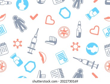 Vaccination seamless pattern with vaccine icons. Immunization items. Health care and protection from virus.