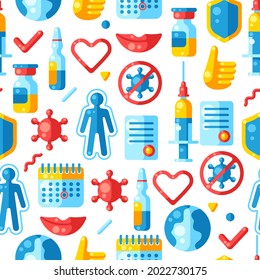 Vaccination seamless pattern with vaccine icons. Immunization items. Health care and protection from virus.