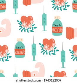 Vaccination seamless vector pattern. Vaccine bottle syringe floral heart repeating background. Coronavirus immunization dose hand drawn illustration. Stop Covid. Prevention, treatment from Covid-19