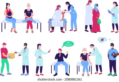 Vaccination semi flat color vector character set. Posing figures. Full body people on white. Healthcare isolated modern cartoon style illustration for graphic design and animation collection