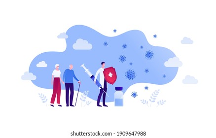 Vaccination for senior people and covid virus protection concept. Vector flat illustration. Doctor holding vaccine shot in syringe and red shield with white cross. Elderly man and woman patient family