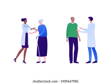 Vaccination for senior people and covid19 virus protection concept. Vector flat illustration set. Collection of male and female nurse and doctor character. Elderly man and woman patient.