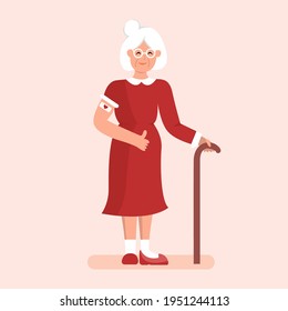 Vaccination for senior people. Elderly woman pulls up the sleeve of her dress to reveal the vaccination bandage. Coronavirus vaccination. Vector illustration in flat style for poster, flyer, banner.