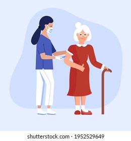 Vaccination for senior woman. Nurse with a syringe vaccinates an elderly person. An injection of an antiviral vaccine. Colored vector illustration in flat style for poster, flyer, banner, etc. Eps 10