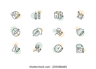 Vaccination set icon. Schedule, syringe, covid 19, immunity, viral infection, immune system, danger, virus, injection, calendar, doctor, coronavirus. Healthcare concept. Vector line icon for Business
