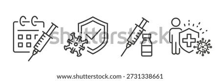 Vaccination set icons, contains such as vaccination calendar, dose, patient protect, fight against the virus, line art vector