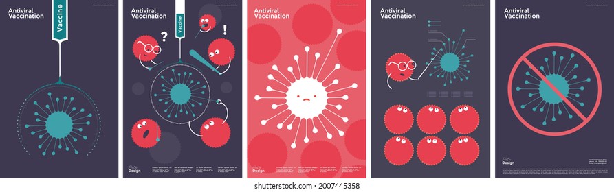 Vaccination. Set of vector illustrations. Simple, fun, background pictures about vaccine action, immunity, health. 