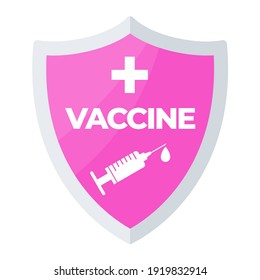 Vaccination shield icon. Syringe and dose of vaccine. Protect people from the coronavirus pandemic. Global immunization.