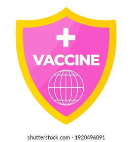 Vaccination shield icon. Syringe and dose of vaccine. Protect people from the coronavirus pandemic. Global immunization.