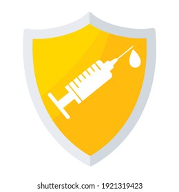 Vaccination shield icon. Syringe and dose of vaccine. Protect people from the coronavirus pandemic. Global immunization.