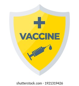 Vaccination shield icon. Syringe and dose of vaccine. Protect people from the coronavirus pandemic. Global immunization.