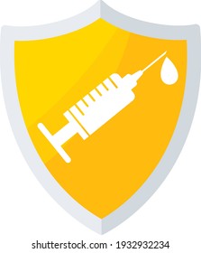 Vaccination shield icon. Syringe and dose of vaccine. Protect people from the coronavirus pandemic. Global immunization.